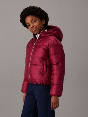 red hooded logo puffer jacket for girls calvin klein jeans