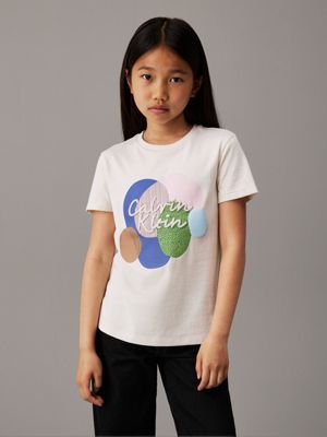 beige lässiges, mehrfarbiges t-shirt mit grafik für mädchen - calvin klein jeans