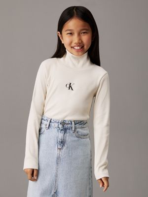 cream slim ribbed roll neck top for girls calvin klein jeans