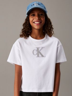 white boxy logo t-shirt for girls calvin klein jeans