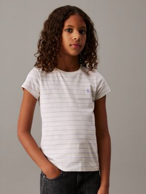 silver peony / purple stripe 2 pack slim t-shirts for girls calvin klein jeans