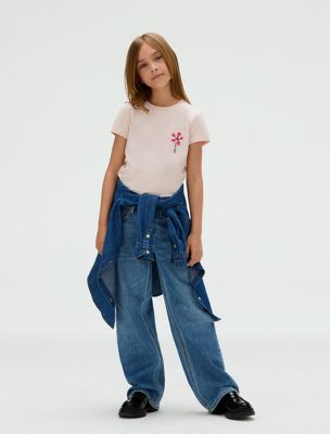 t-shirt con applique a fiore slim pink da bambine calvin klein jeans