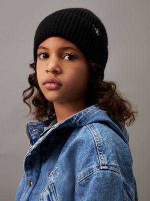 ck black kids' ribbed beanie for kids gender inclusive calvin klein jeans