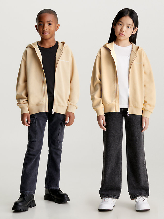 beige kids' relaxed zip up hoodie for kids unisex calvin klein jeans