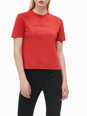 red recht t-shirt van biologisch katoen voor dames - calvin klein jeans