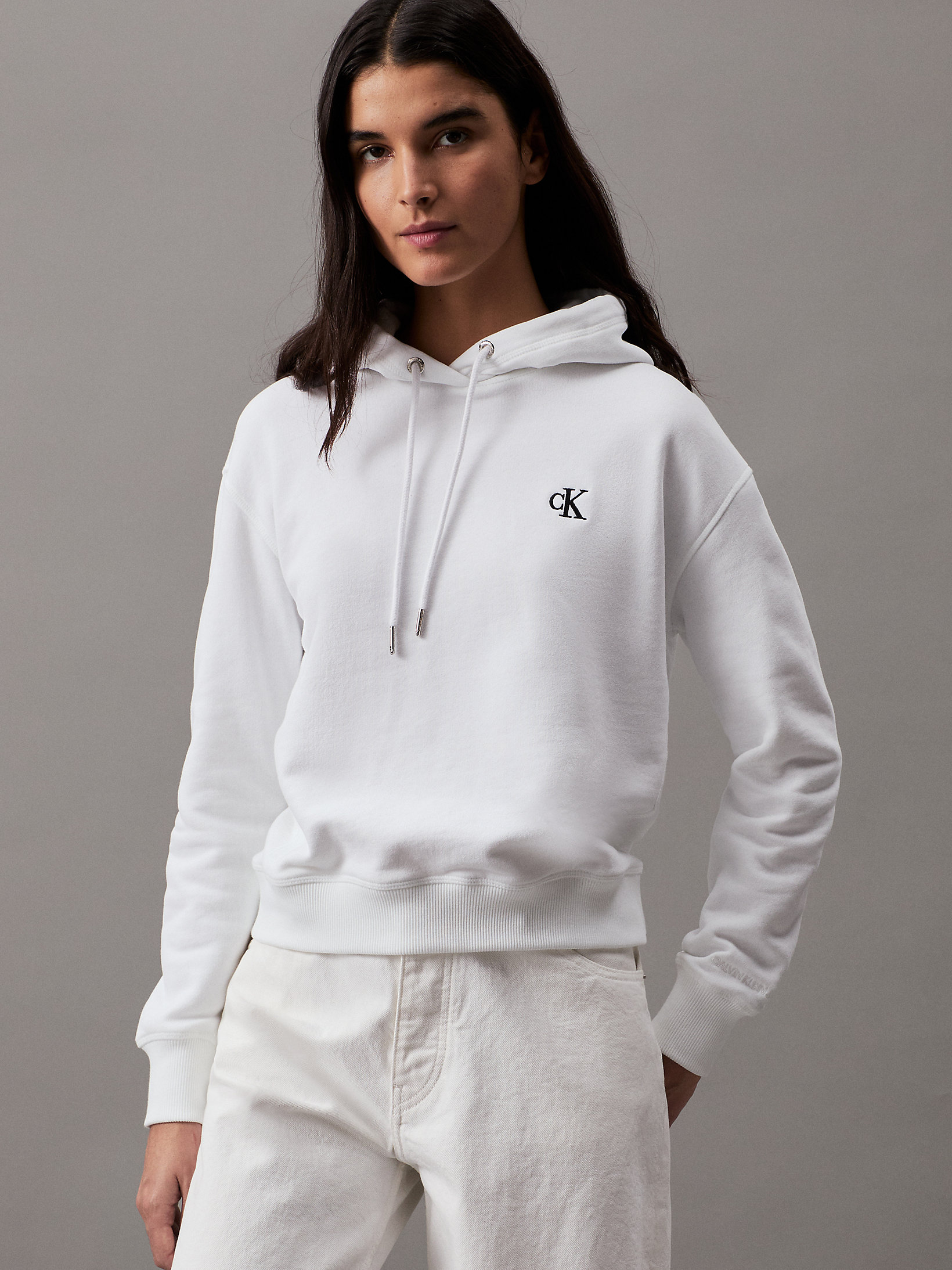 Bright White Cotton Blend Fleece Hoodie undefined women Calvin Klein