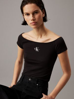 ck black slim cotton off-shoulder top for women calvin klein jeans