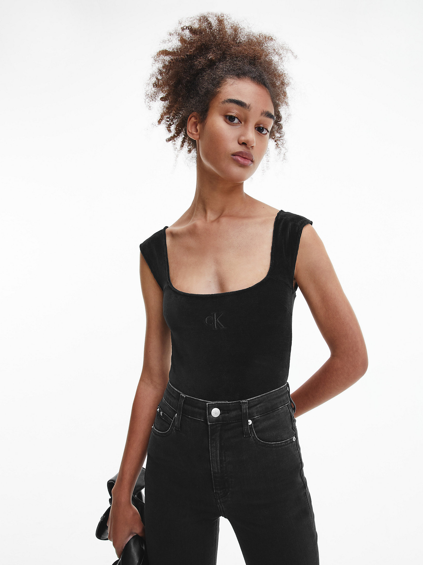 CK Black Ribbed Velvet Bodysuit undefined women Calvin Klein