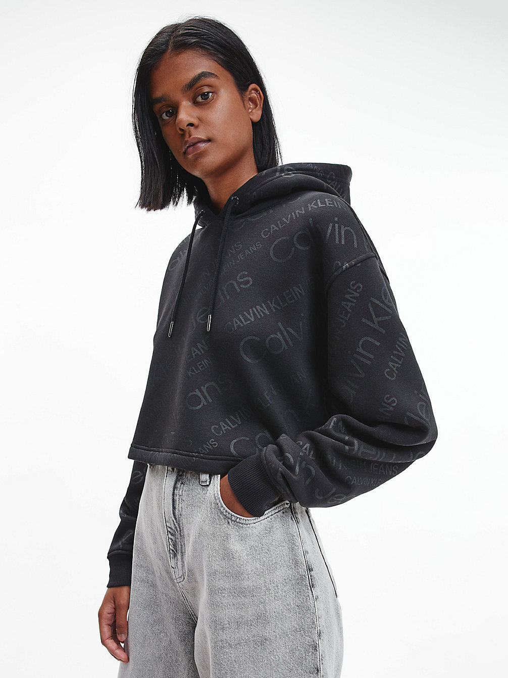 LOGO AOP CK BLACK Cropped All-Over Logo Hoodie undefined women Calvin Klein