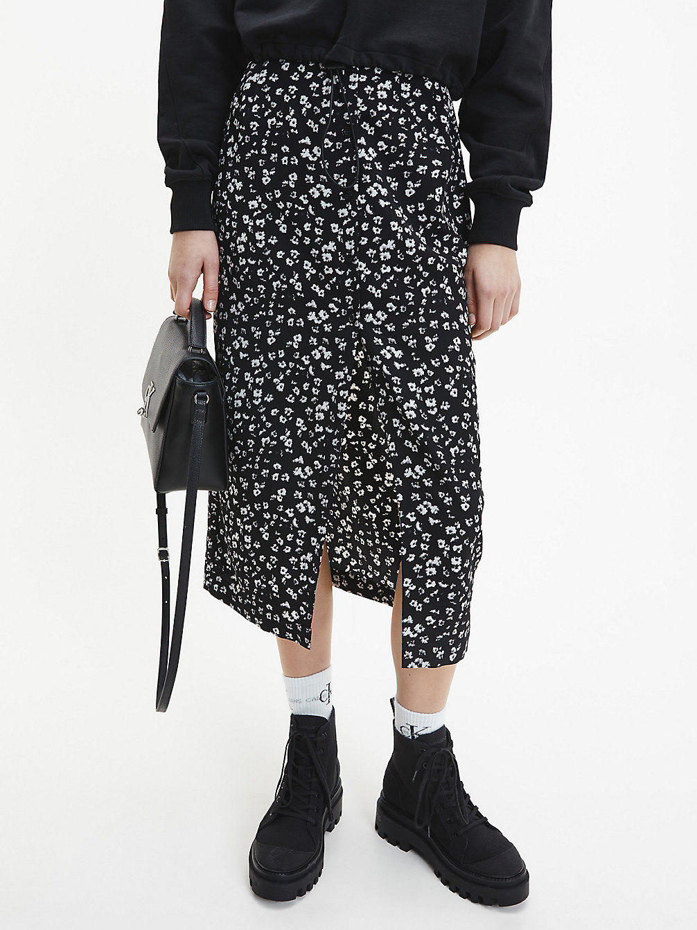 FLORAL AOP CK BLACK/BRIGHT WHITE Recycled Button-Through Midi Skirt undefined women Calvin Klein