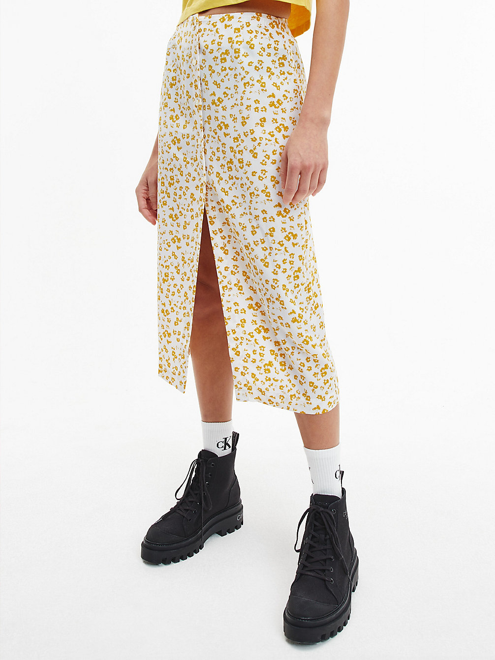 FLORAL AOP BRIGHT WHITE/YELLOW Recycled Button-Through Midi Skirt undefined women Calvin Klein