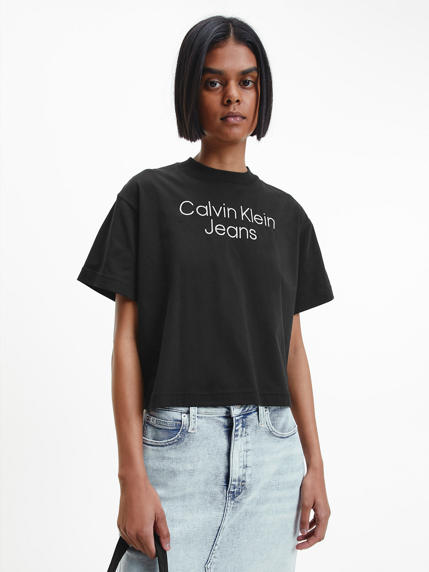 T-Shirt Con Logo Metallico Taglio Relaxed > CK Black > undefined donna > Calvin Klein