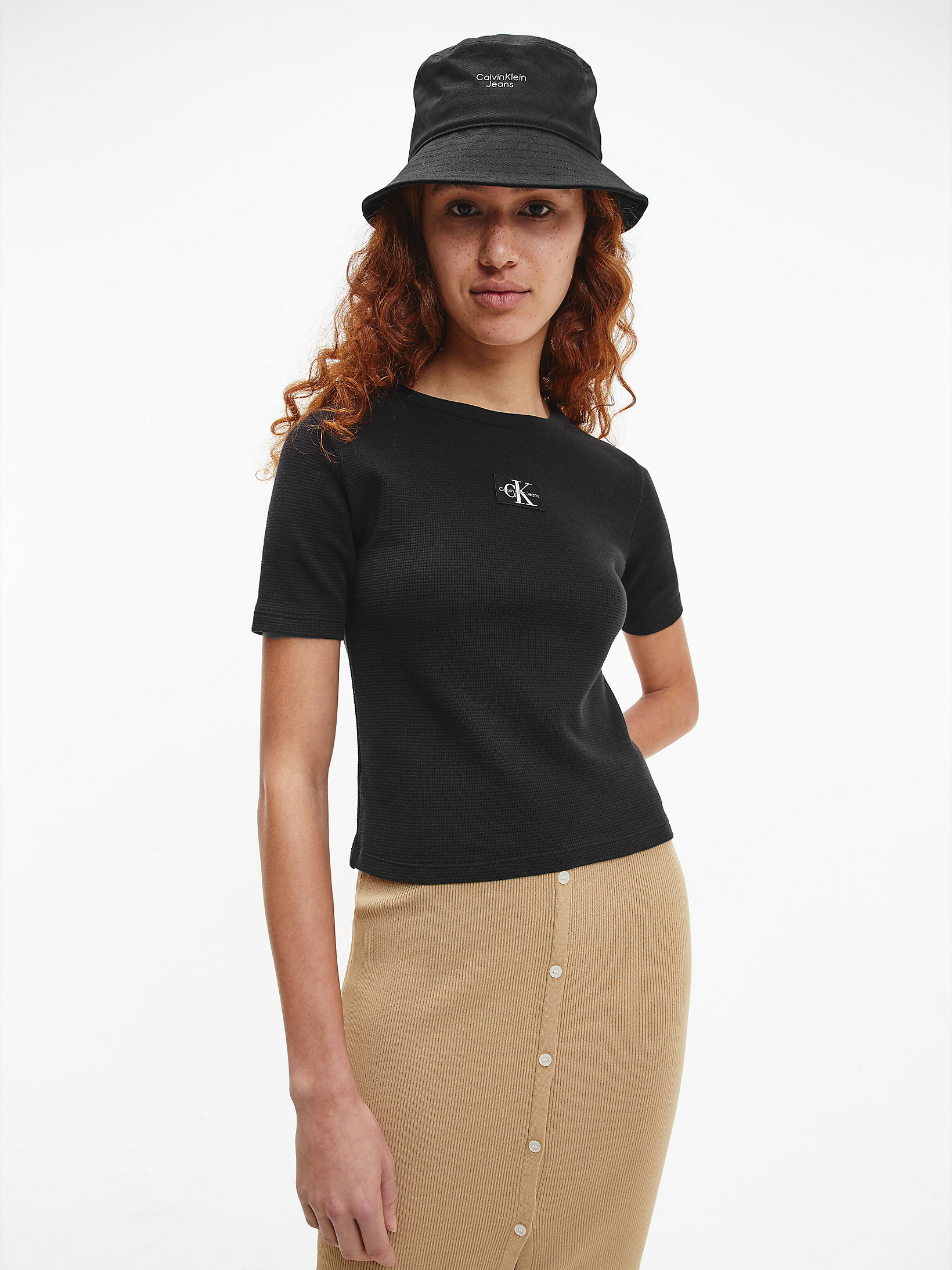 CK Black > Schmales Baumwoll-T-Shirt In Waffelstruktur > undefined Damen - Calvin Klein