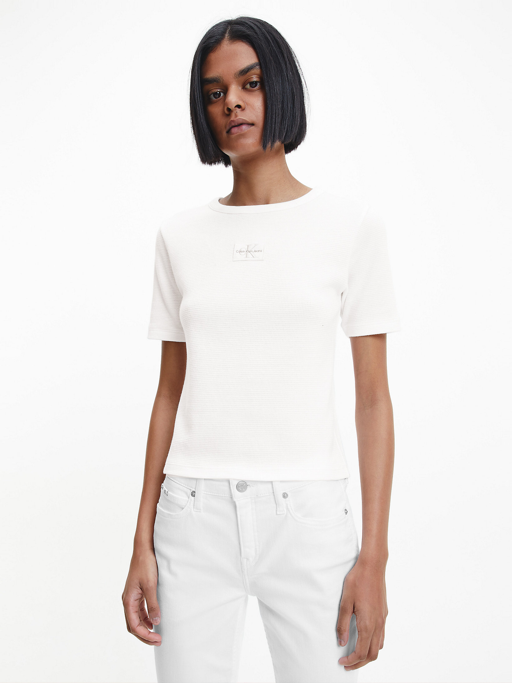 Bright White Slim Waffle Cotton T-Shirt undefined women Calvin Klein