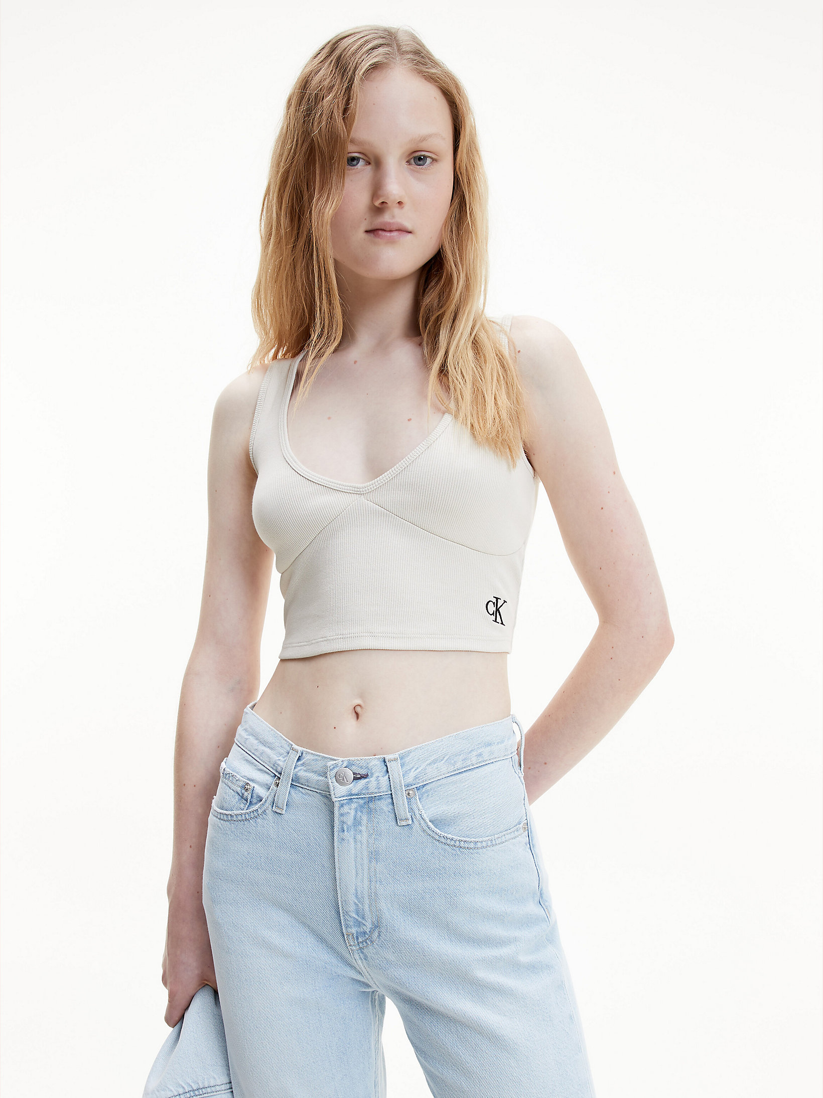 Eggshell Slim Cropped Ribbed Tank Top undefined women Calvin Klein