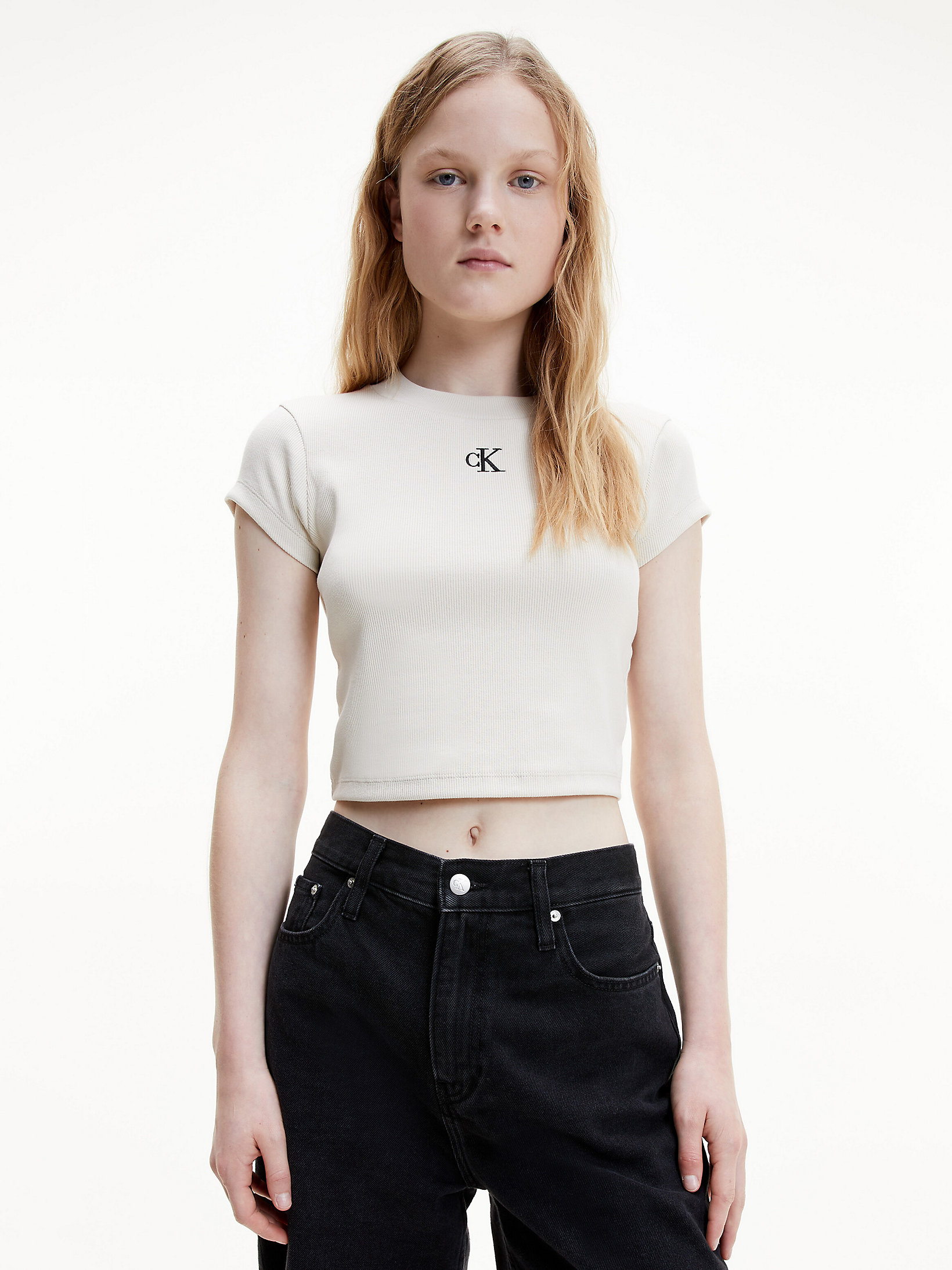 Eggshell Slim Cropped Ribbed T-Shirt undefined women Calvin Klein