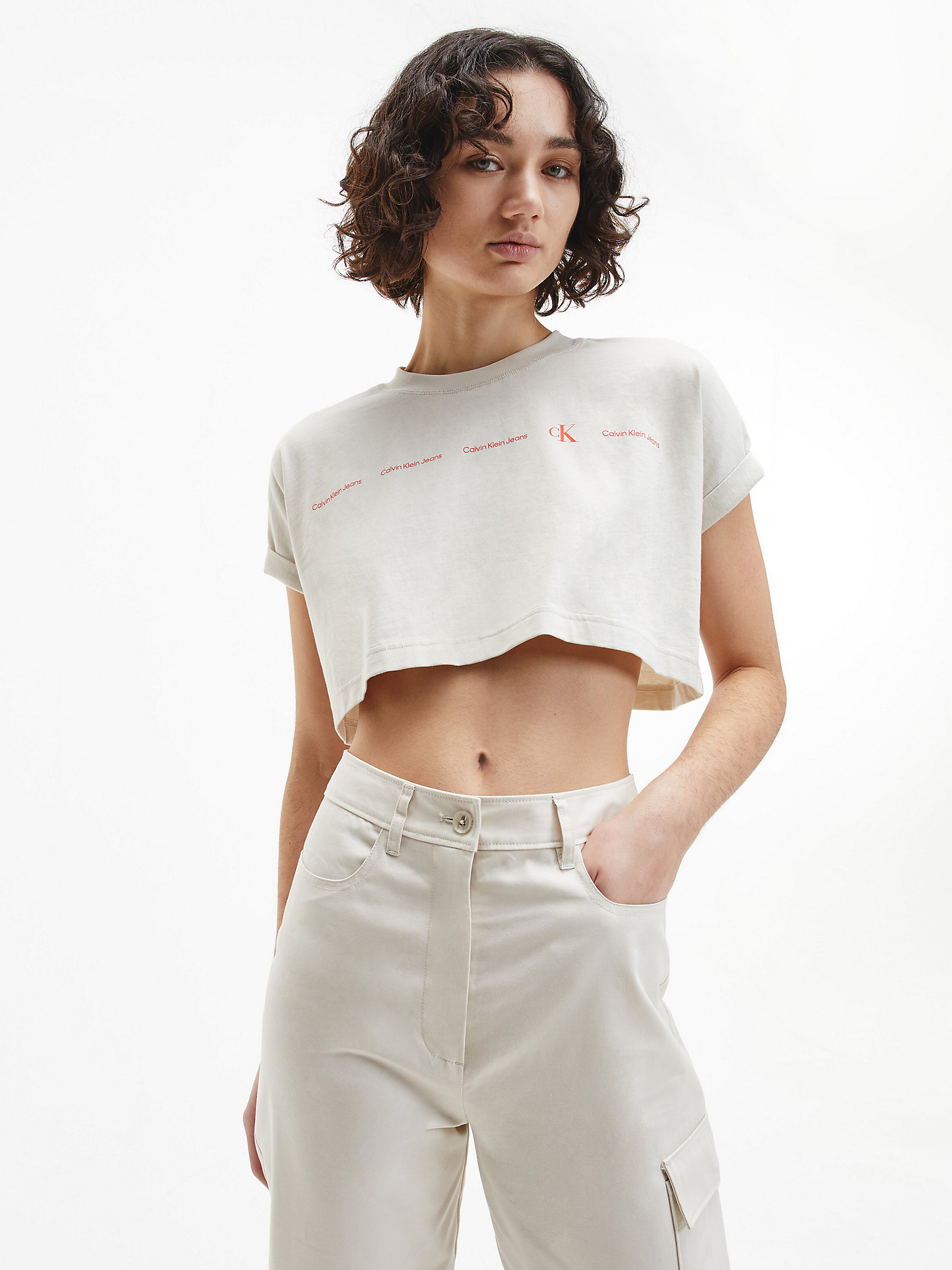 Eggshell Cropped Repeat Logo T-Shirt undefined women Calvin Klein