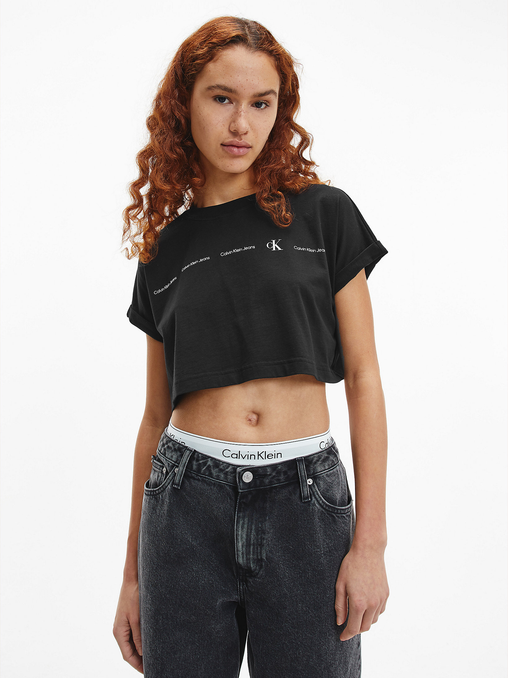 CK Black Cropped Repeat Logo T-Shirt undefined women Calvin Klein