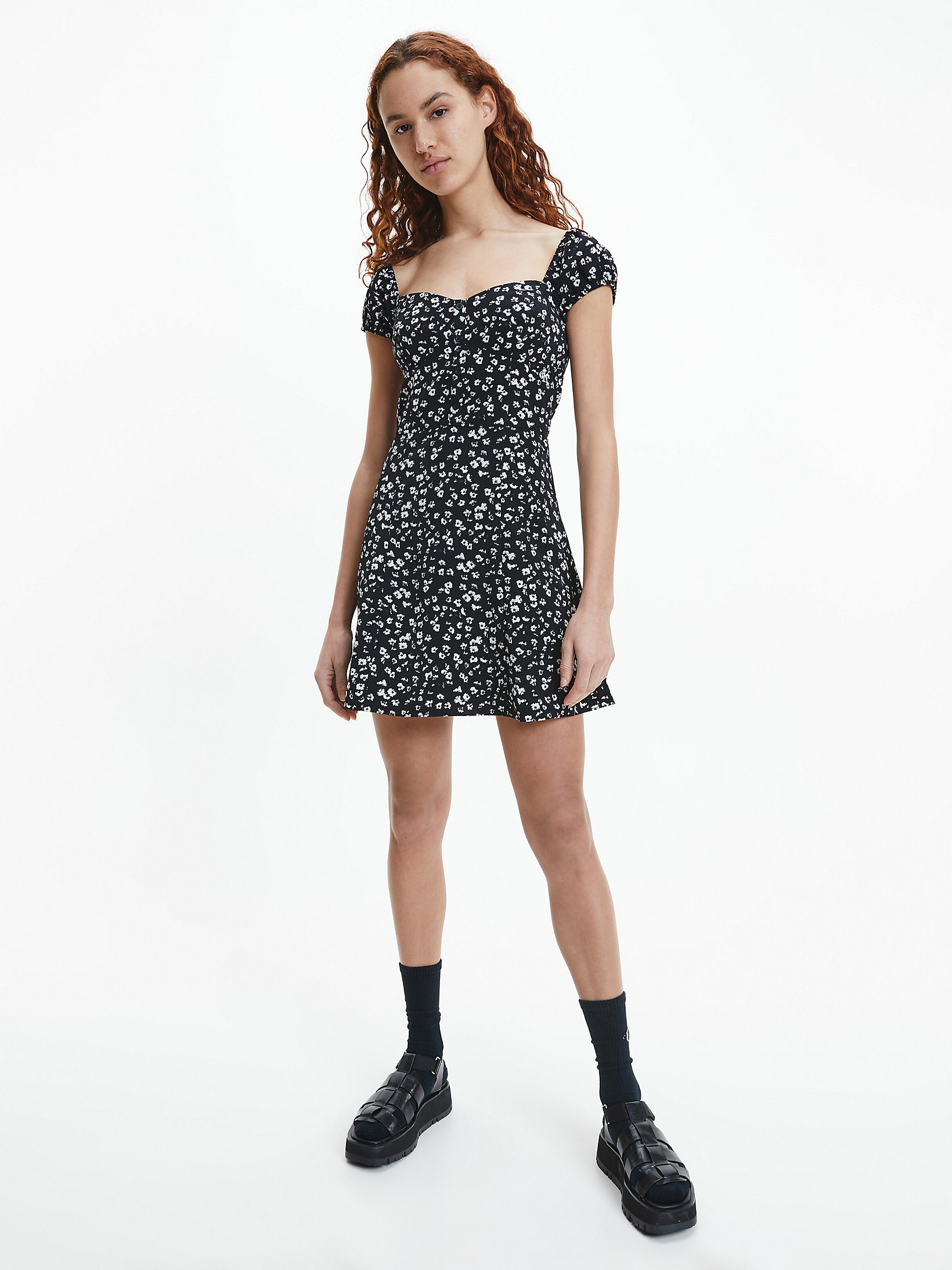 Floral Aop CK Black/bright White Off Shoulder Minikleid Aus Recycling-Material undefined Damen Calvin Klein