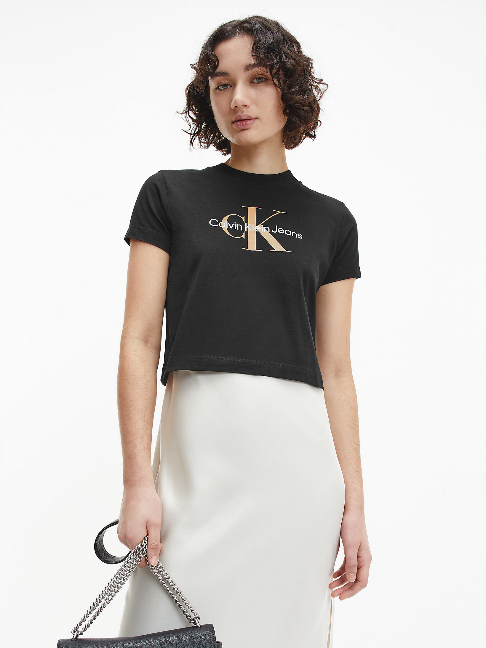 T-Shirt In Cotone Biologico Con Monogramma > CK Black > undefined donna > Calvin Klein