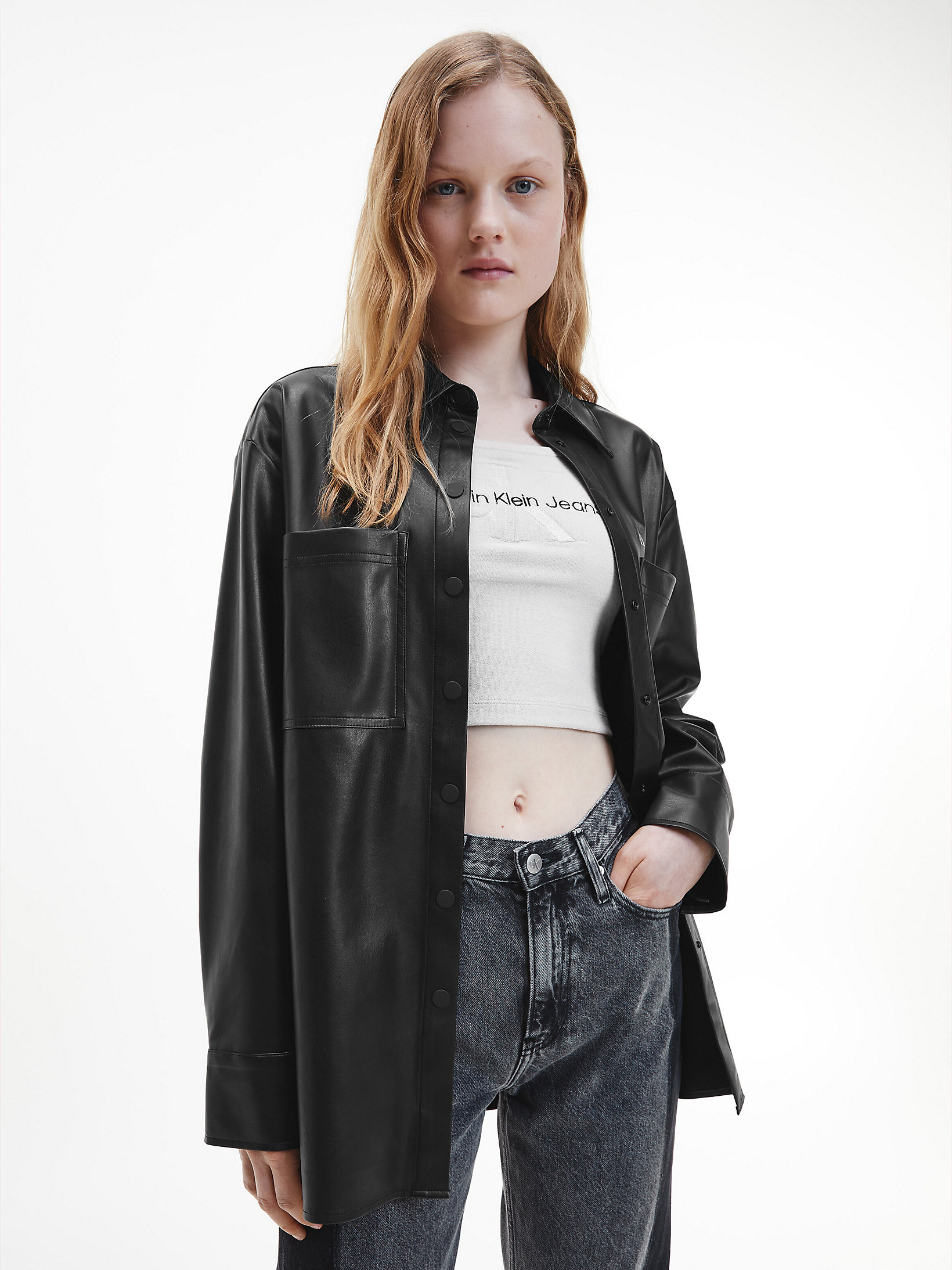 CK Black Oversized Faux Leather Shirt Jacket undefined women Calvin Klein