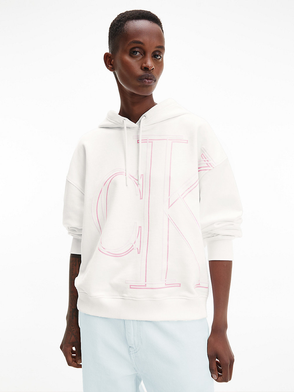 BRIGHT WHITE Sweat-Shirt Boyfriend À Capuche Avec Logo undefined femmes Calvin Klein