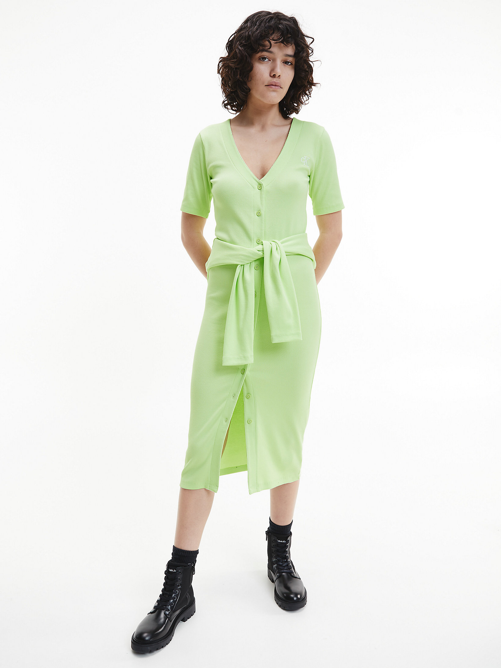 Exotic Mint Schmales Geripptes Midi-Kleid Mit Knöpfen undefined Damen Calvin Klein