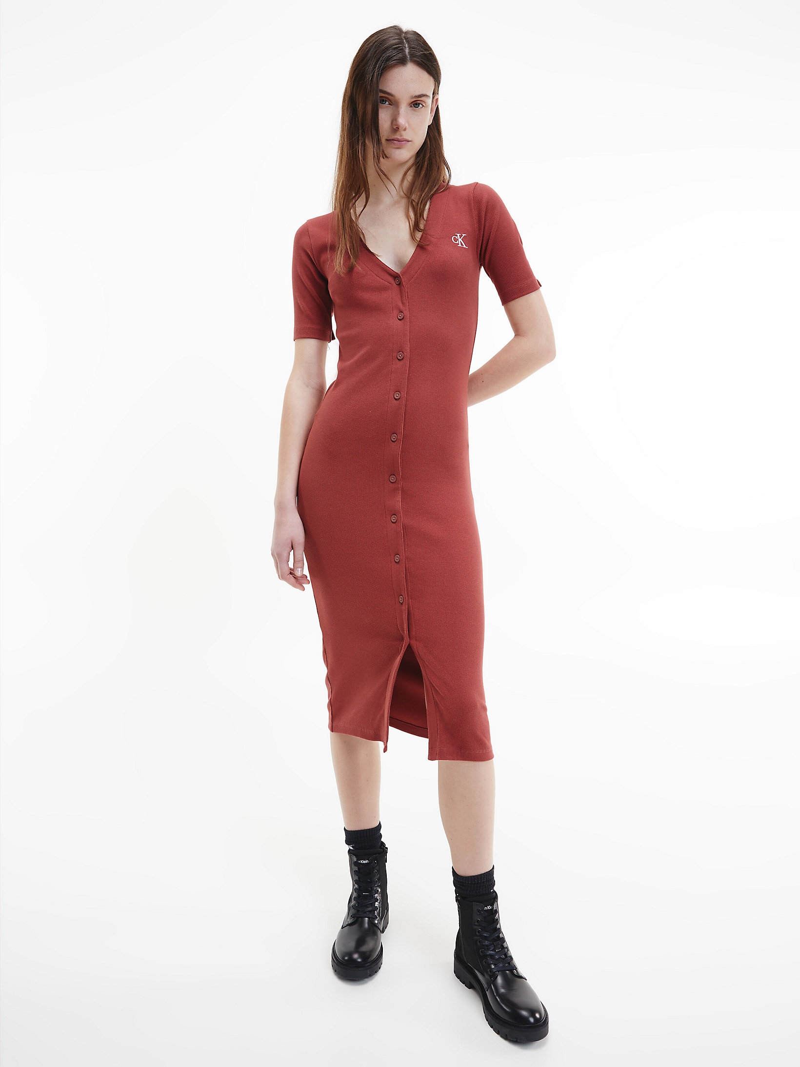Terracotta Tile Schmales Geripptes Midi-Kleid Mit Knöpfen undefined Damen Calvin Klein