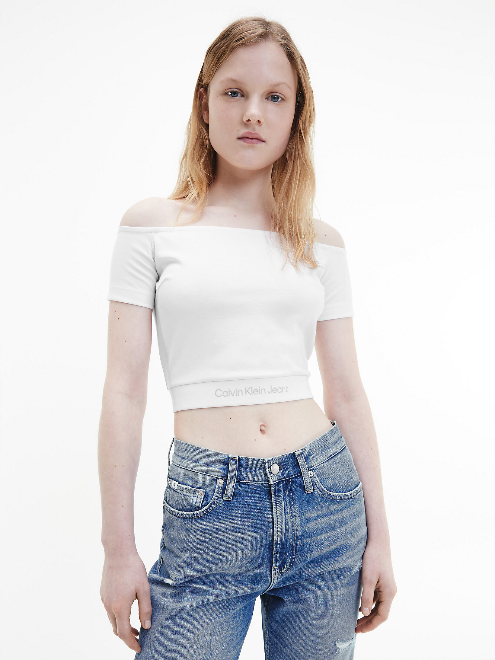 Bright White Off Shoulder Top Aus Recycling-Material undefined Damen Calvin Klein