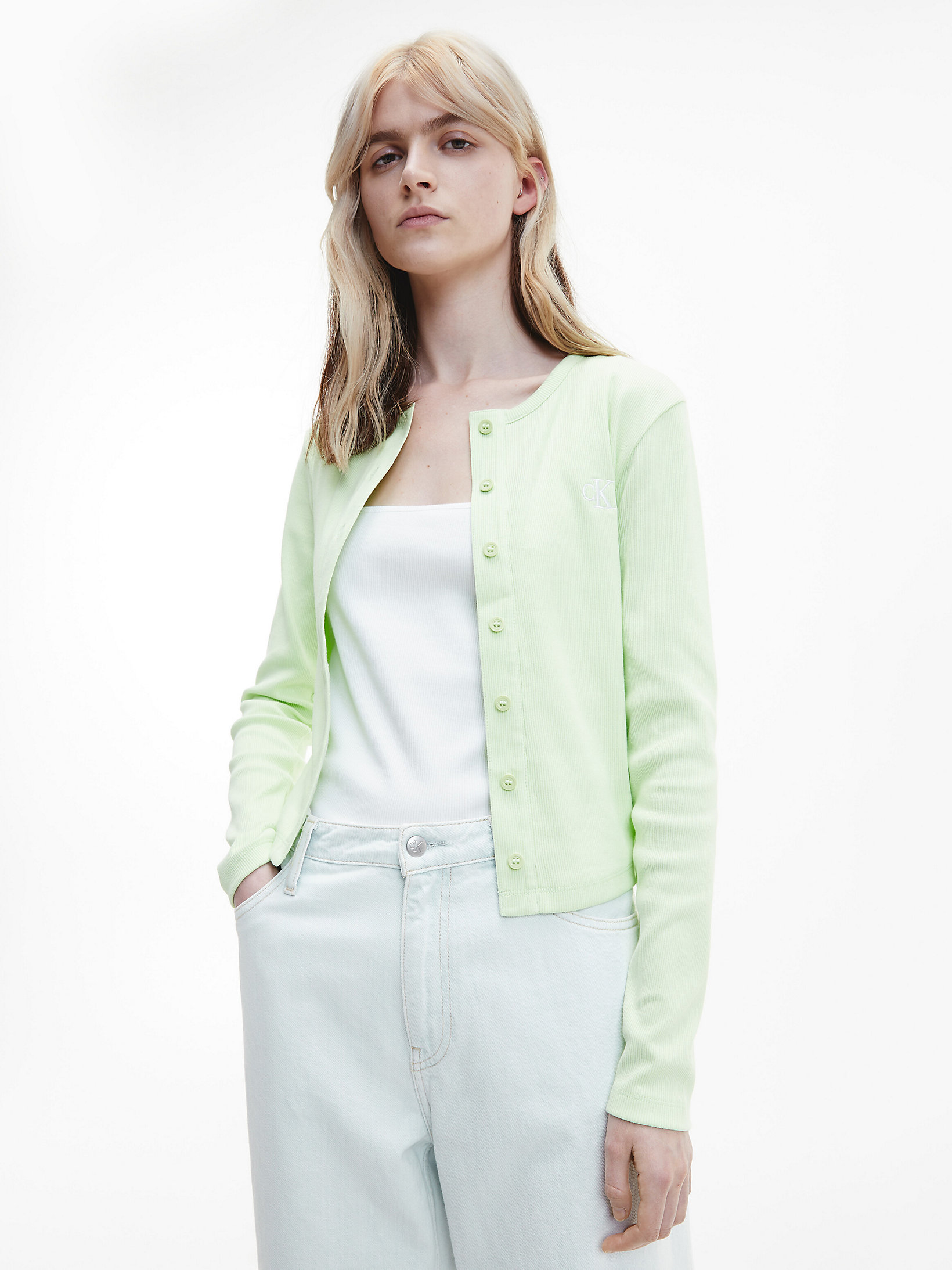 Exotic Mint Slim Ribbed Cotton Cardigan undefined women Calvin Klein