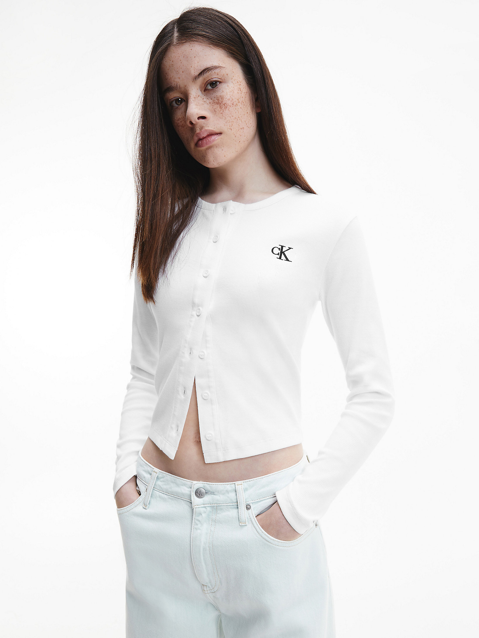 Bright White Slim Ribbed Cotton Cardigan undefined women Calvin Klein