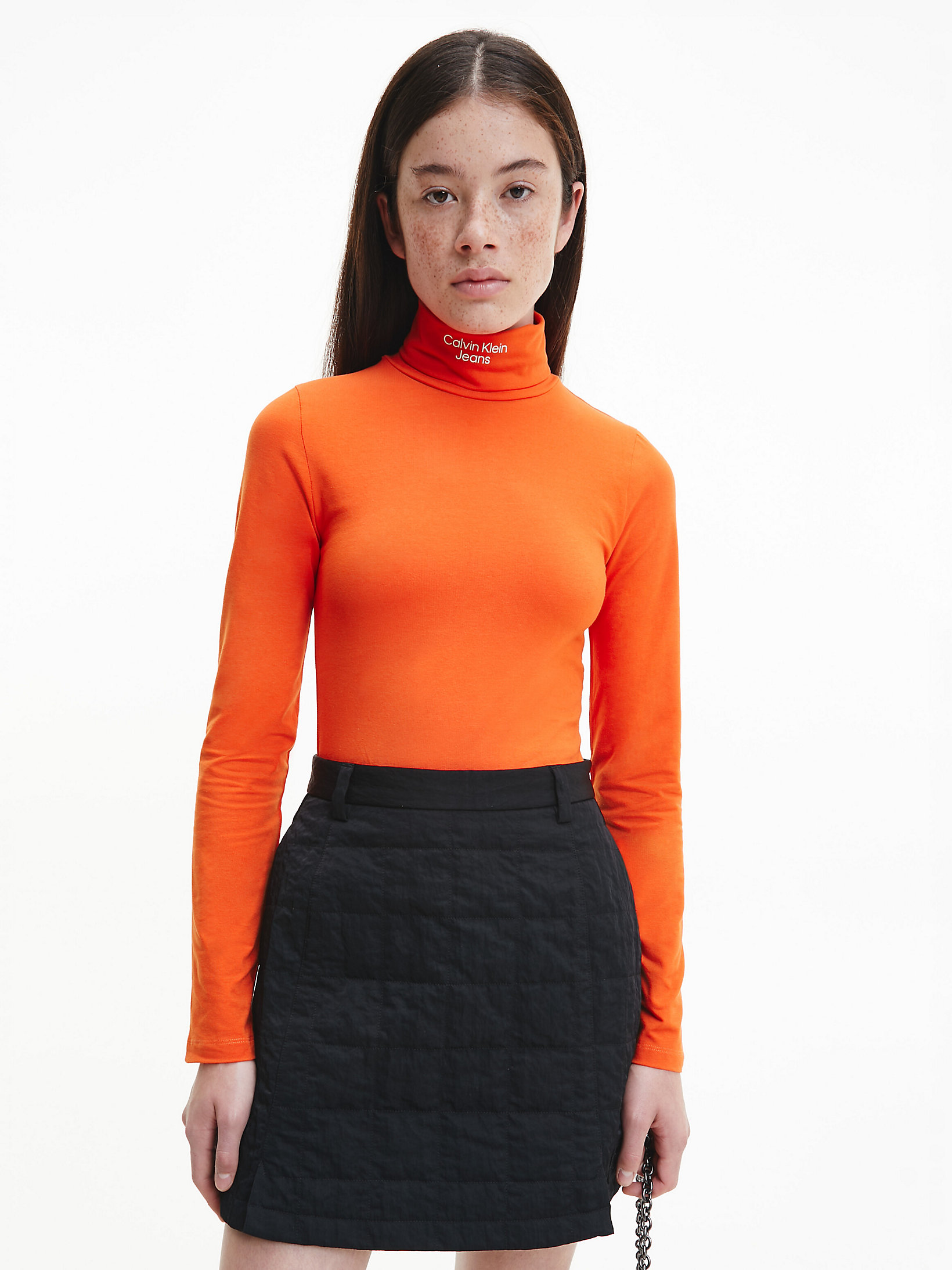 Coral Orange Slim Roll Neck Top undefined women Calvin Klein