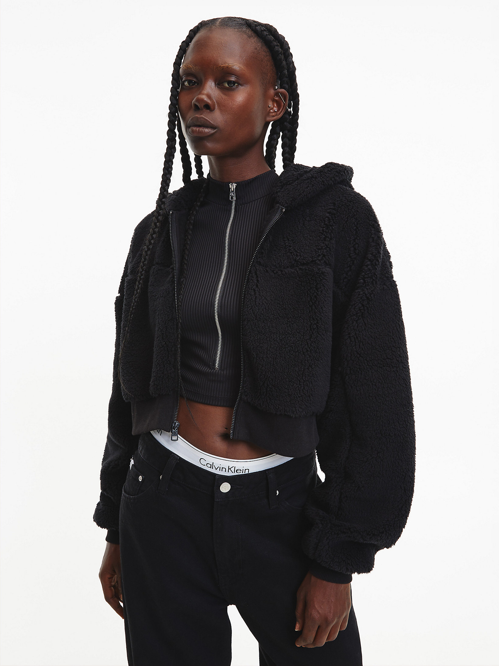 CK Black Cropped Sherpa-Hoodie Mit Reißverschluss undefined Damen Calvin Klein