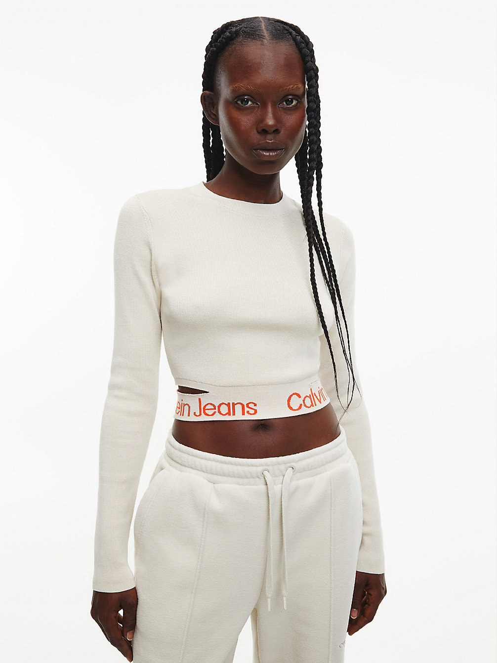EGGSHELL/ CORAL ORANGE Pull Ajouré Avec Logo Tape undefined femmes Calvin Klein