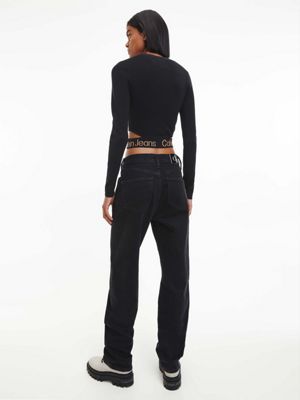 CK BLACK / TIMELESS CAMEL Cut-out-Pullover mit Logo Tape für Damen CALVIN KLEIN JEANS