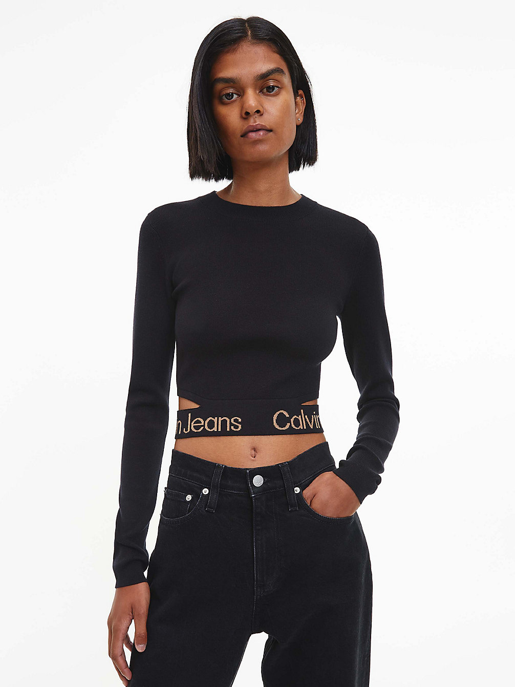 CK BLACK / TIMELESS CAMEL Maglione Logo Tape Con Spacco undefined donna Calvin Klein