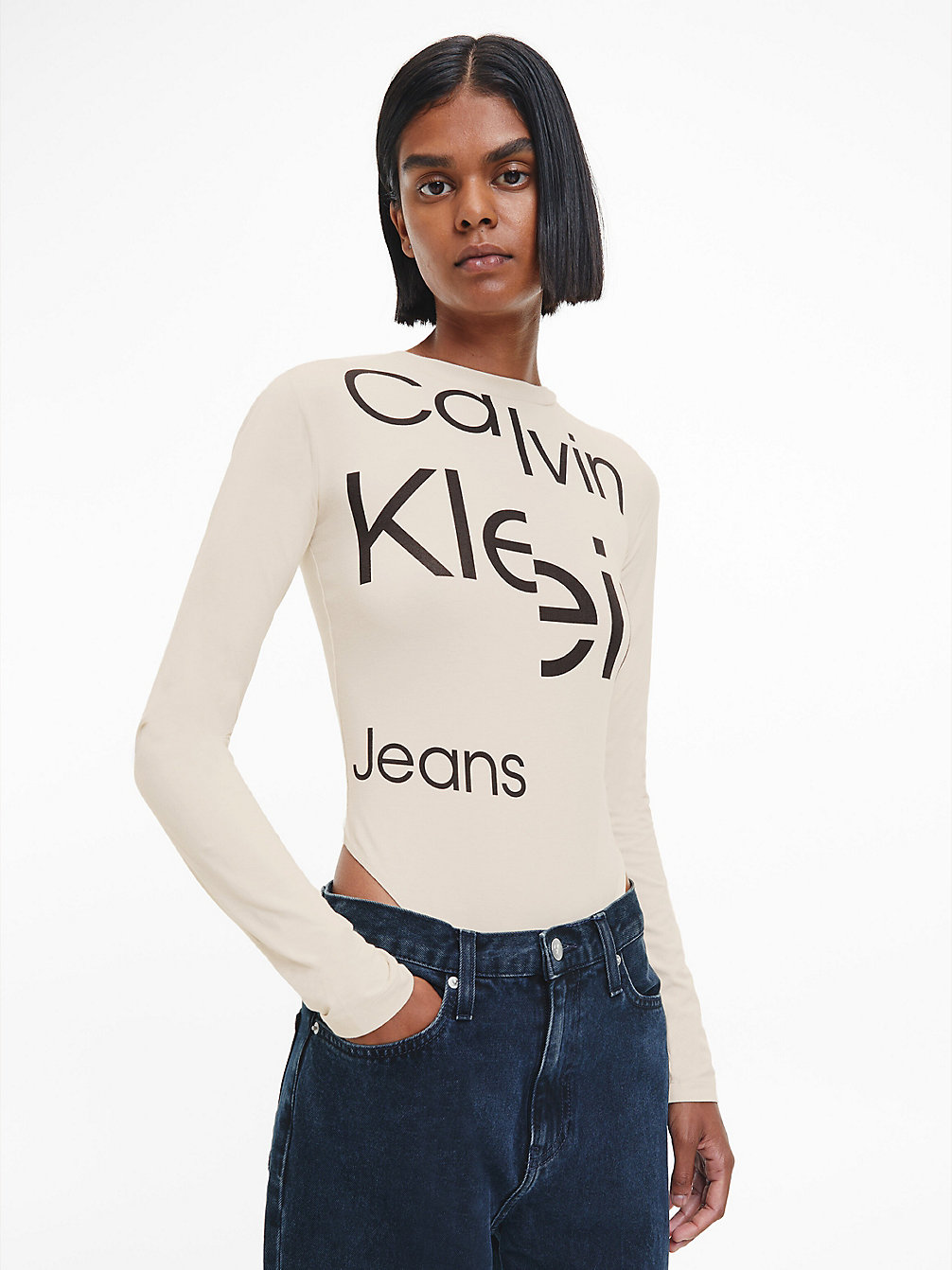 EGGSHELL / CK BLACK Long Sleeve Bodysuit undefined women Calvin Klein