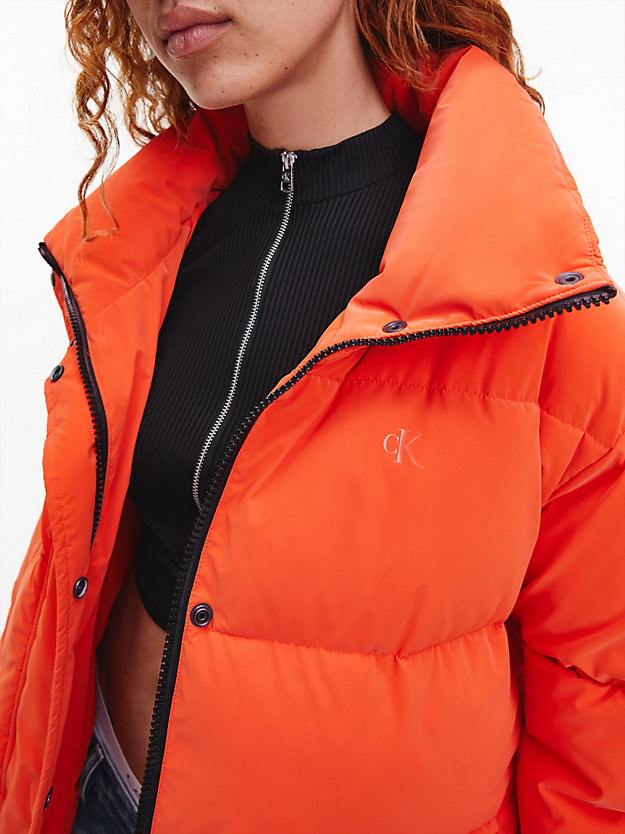 CORAL ORANGE Soft Touch Belted Puffer Jacket for women CALVIN KLEIN JEANS