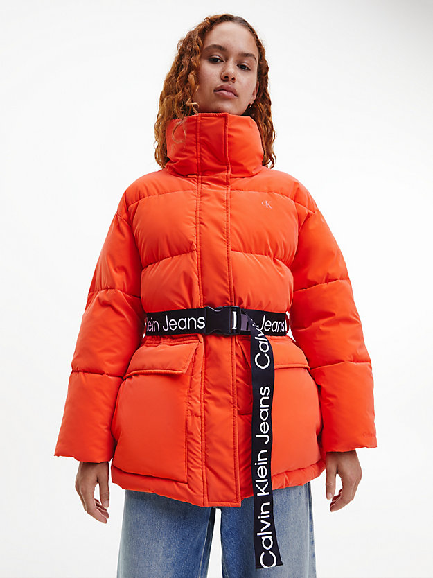 CORAL ORANGE Soft Touch Belted Puffer Jacket for women CALVIN KLEIN JEANS