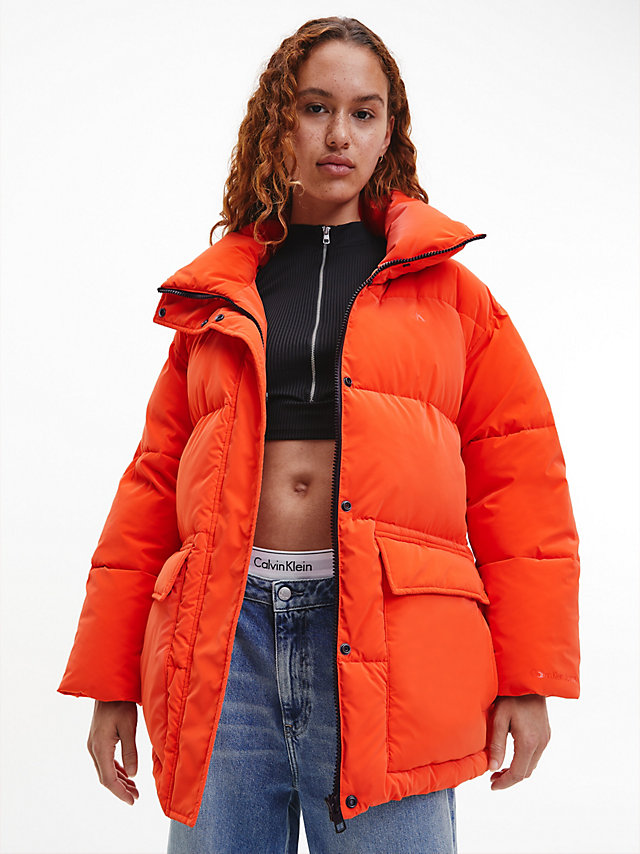Coral Orange Soft Touch Belted Puffer Jacket undefined women Calvin Klein