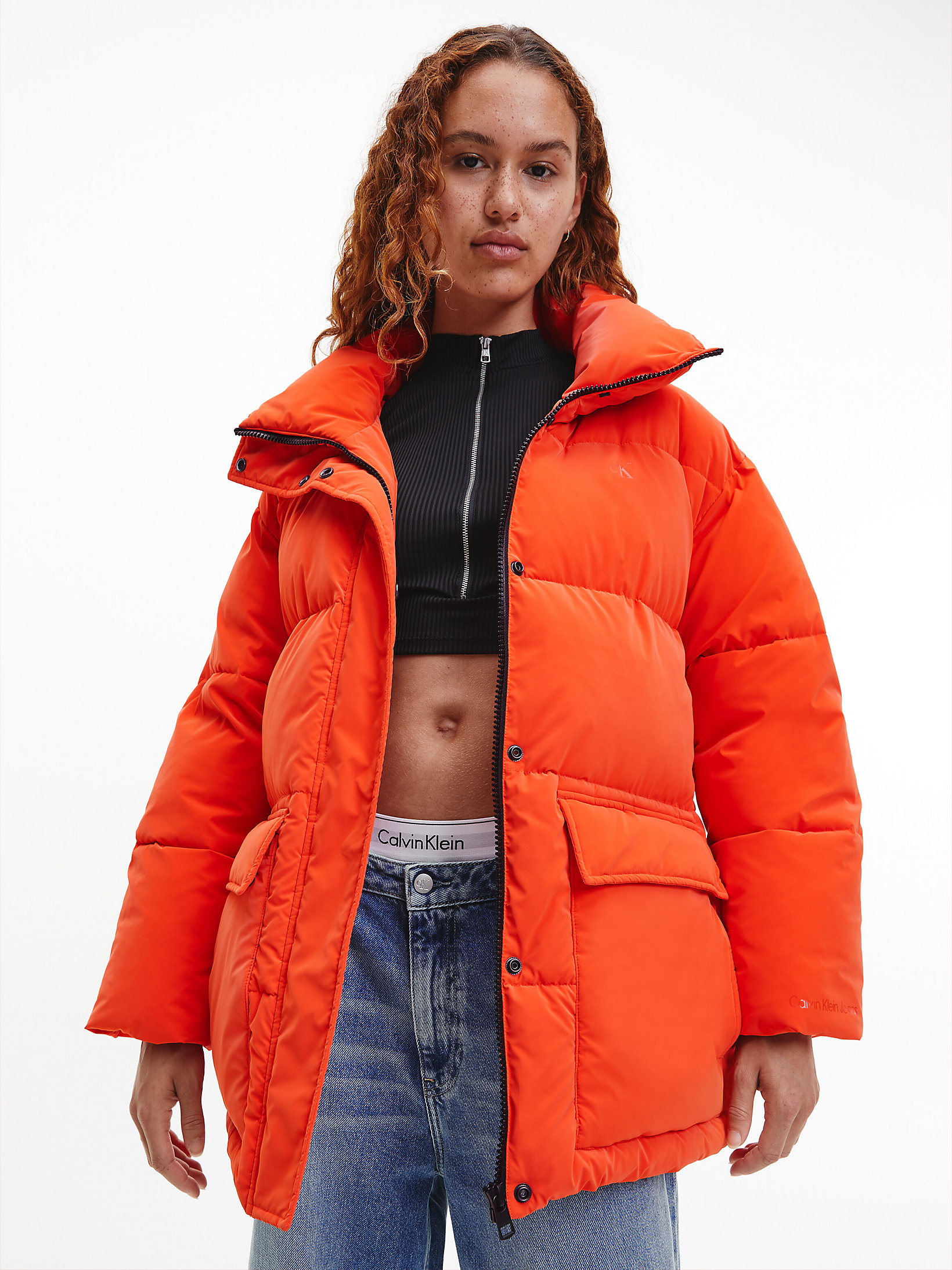 Coral Orange Soft Touch Belted Puffer Jacket undefined women Calvin Klein