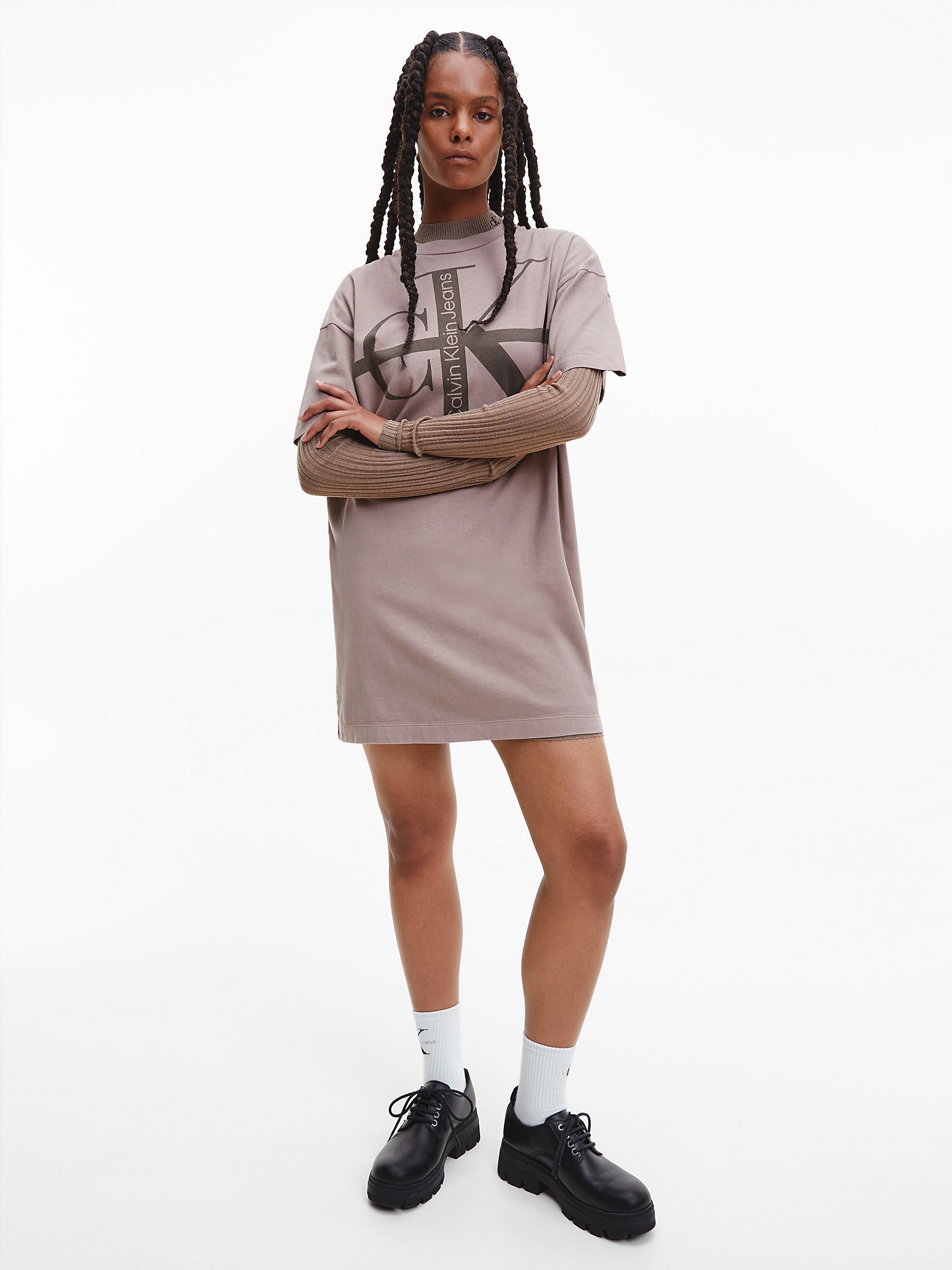 Perfect Taupe Relaxed Monogram T-Shirt Dress undefined women Calvin Klein