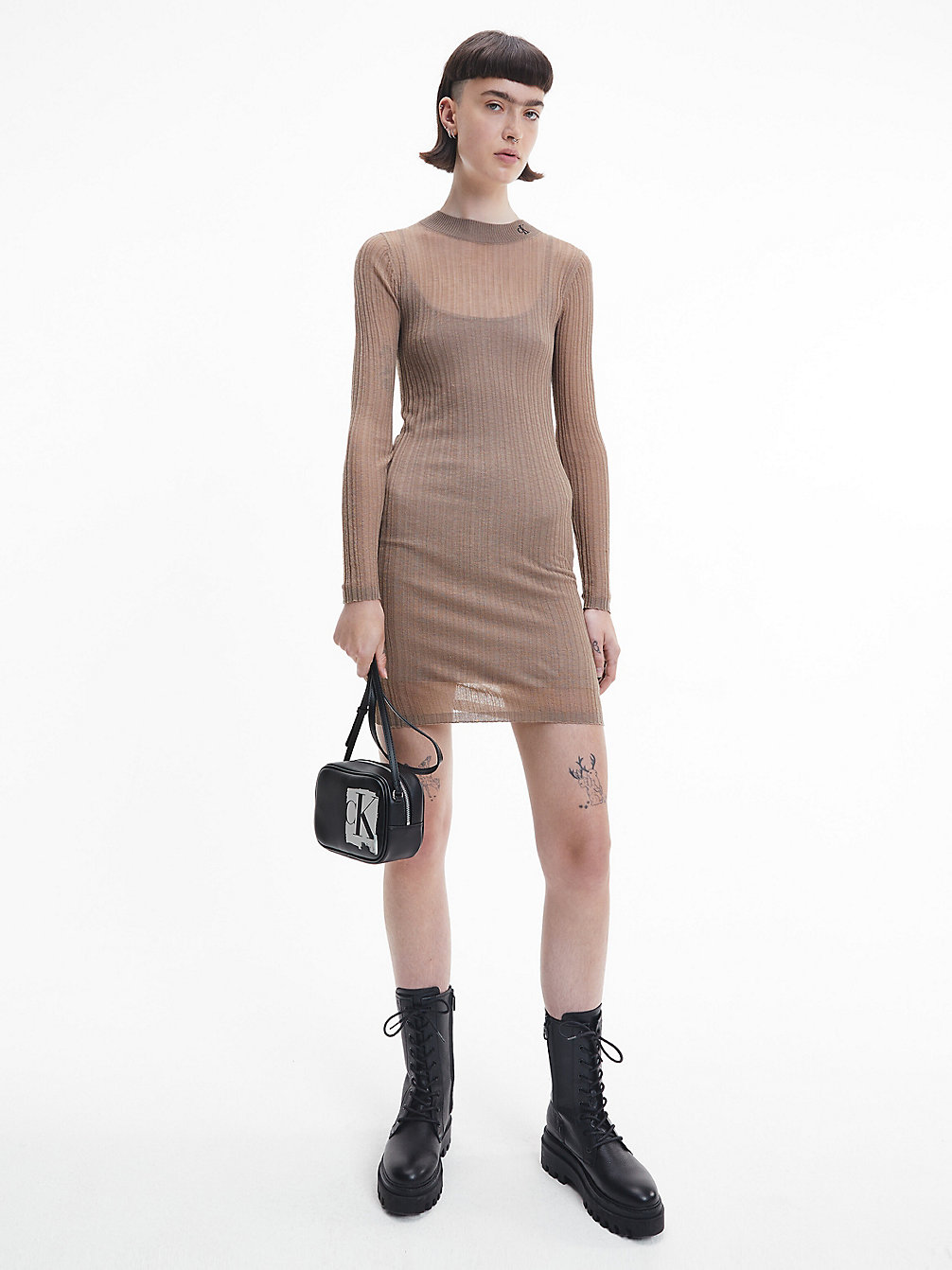 PERFECT TAUPE Sheer Knit Double Layer Midi Dress undefined women Calvin Klein