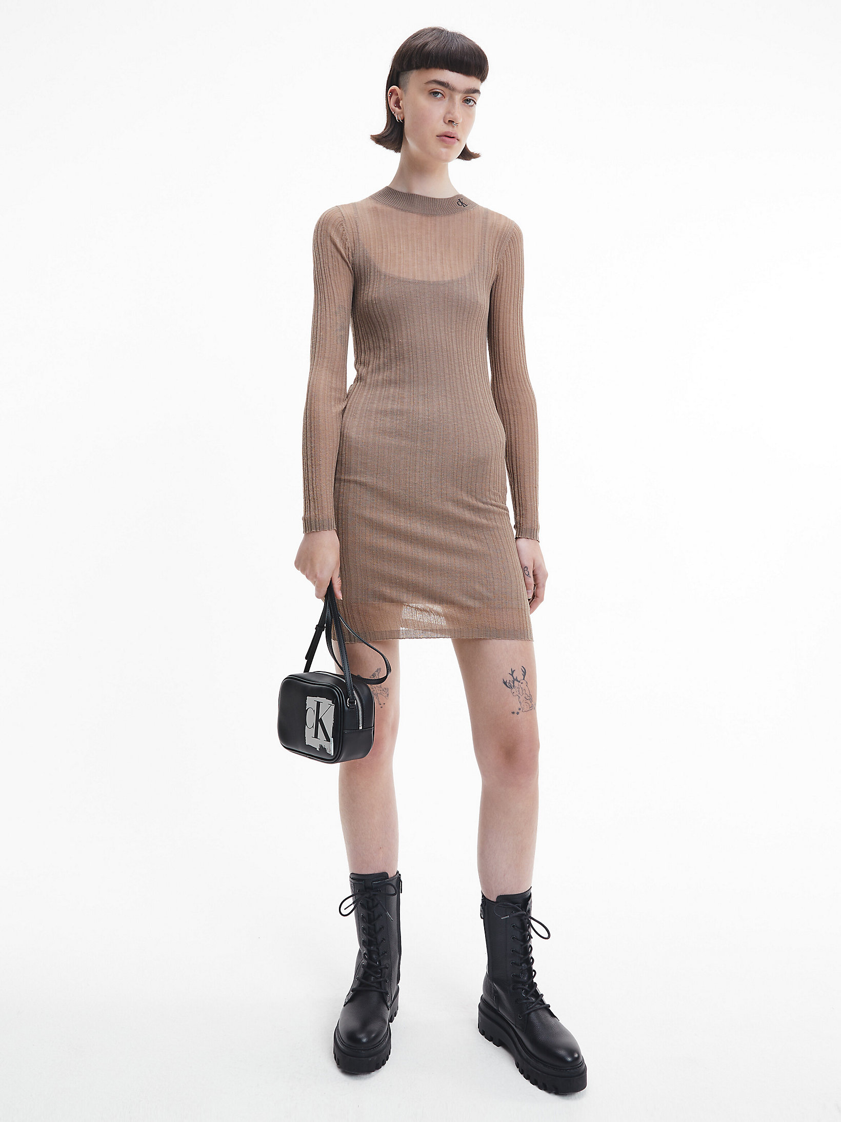 Robe Longueur Midi Superposée En Maille Transparente > Perfect Taupe > undefined femmes > Calvin Klein