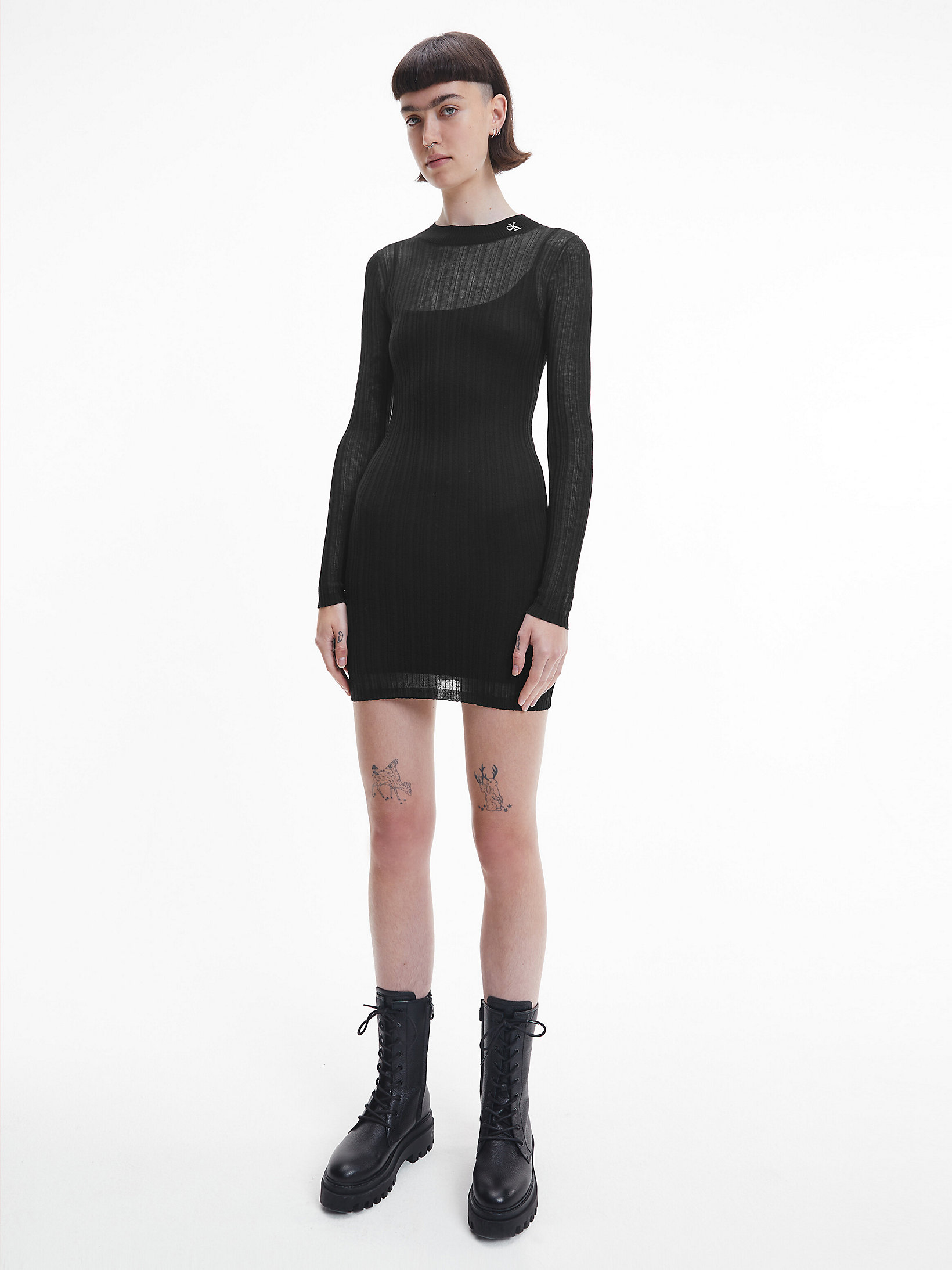 CK Black Sheer Knit Double Layer Midi Dress undefined women Calvin Klein