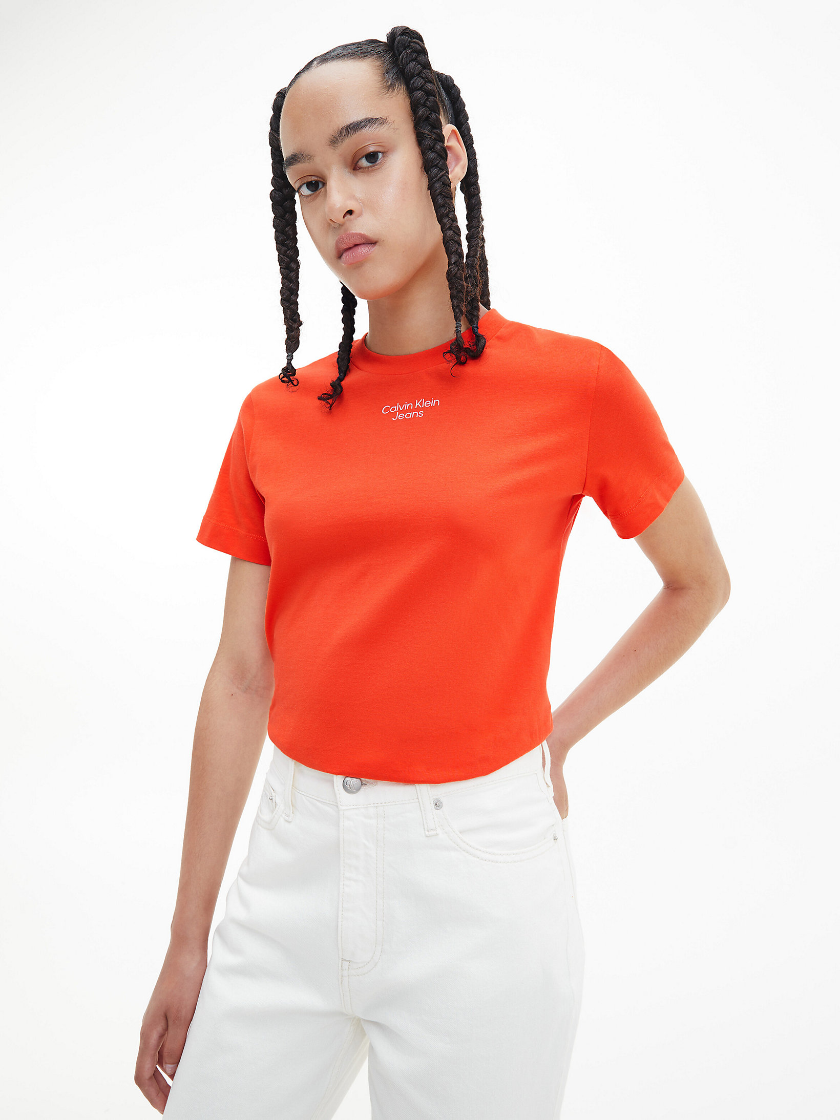 T-Shirt In Cotone Biologico Con Logo > Coral Orange > undefined donna > Calvin Klein