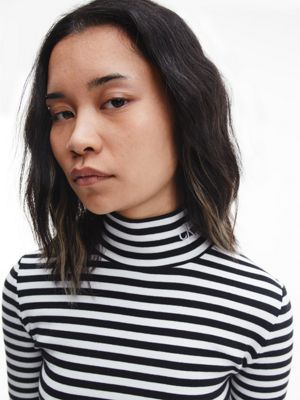 CK BLACK / BRIGHT WHITE STRIPE Slim Ribbed Mock Neck Top for women CALVIN KLEIN JEANS