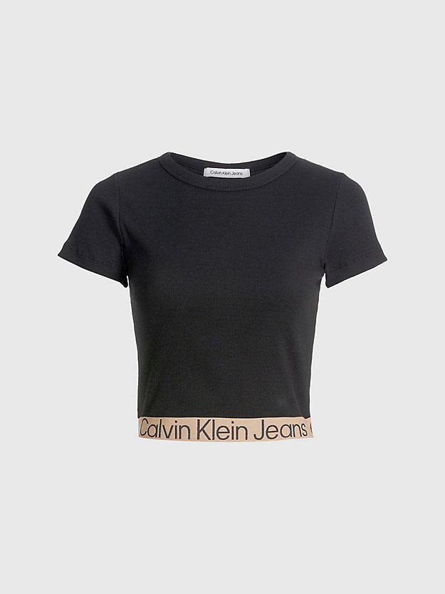 CK BLACK / TIMELESS CAMEL T-shirt col logo tape in cotone riciclato da donna CALVIN KLEIN JEANS