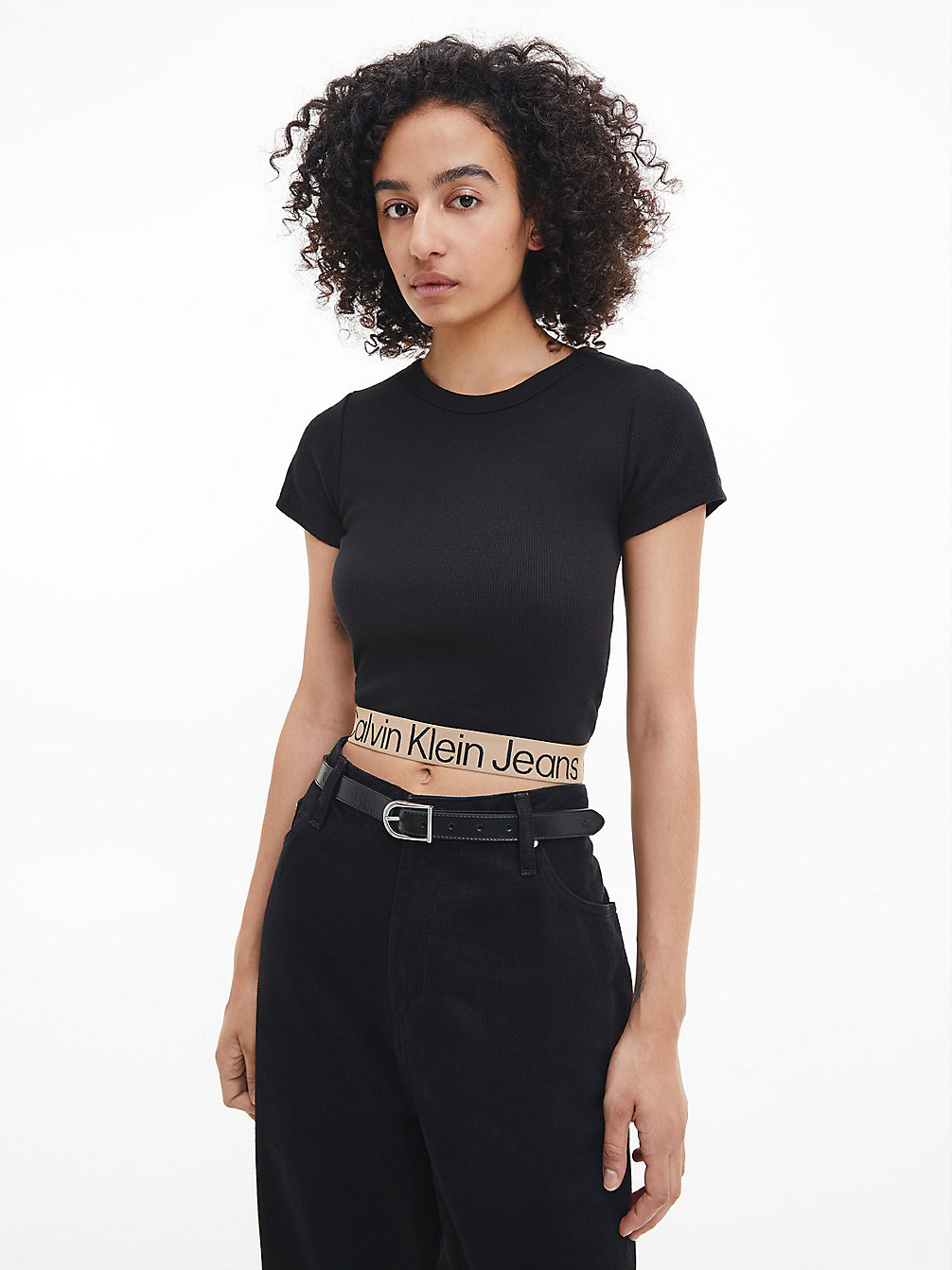 CK BLACK / TIMELESS CAMEL T-Shirt Col Logo Tape In Cotone Riciclato undefined donna Calvin Klein