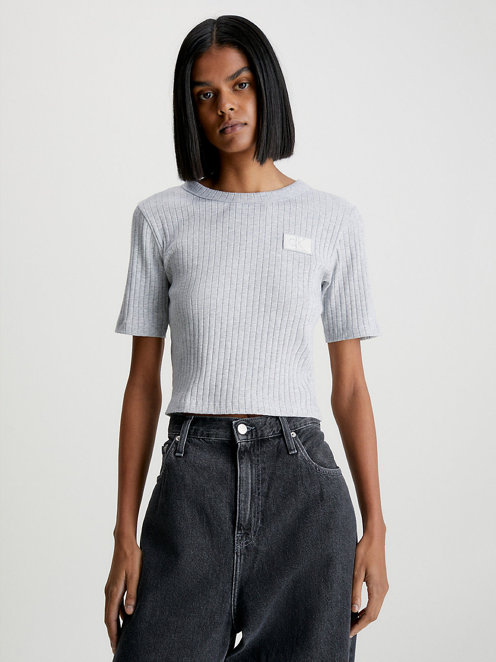 LIGHT GREY HEATHER Slim Cropped Badge T-Shirt undefined women Calvin Klein